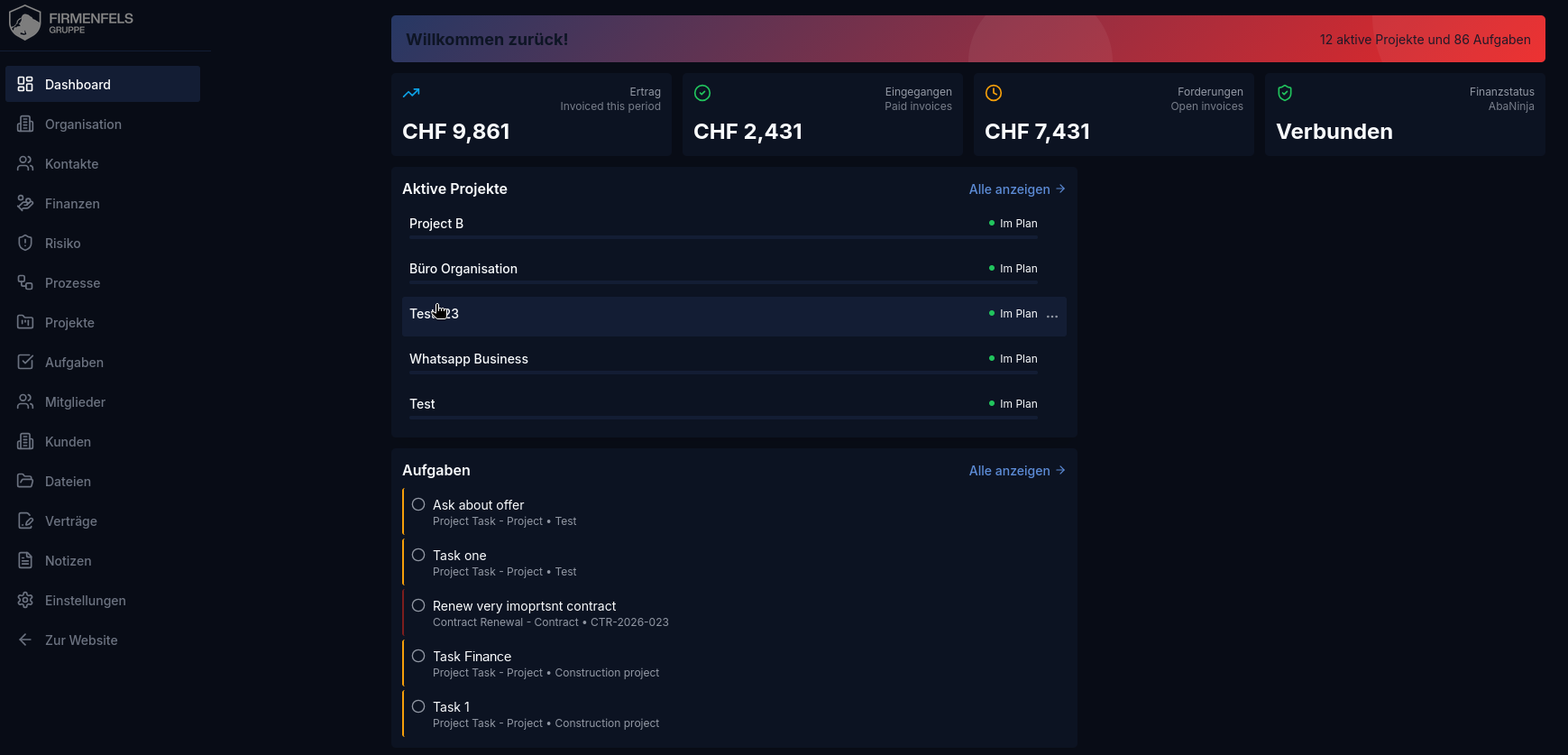 Firmenfels Dashboard – Übersicht über Projekte, Finanzen und Aufgaben
