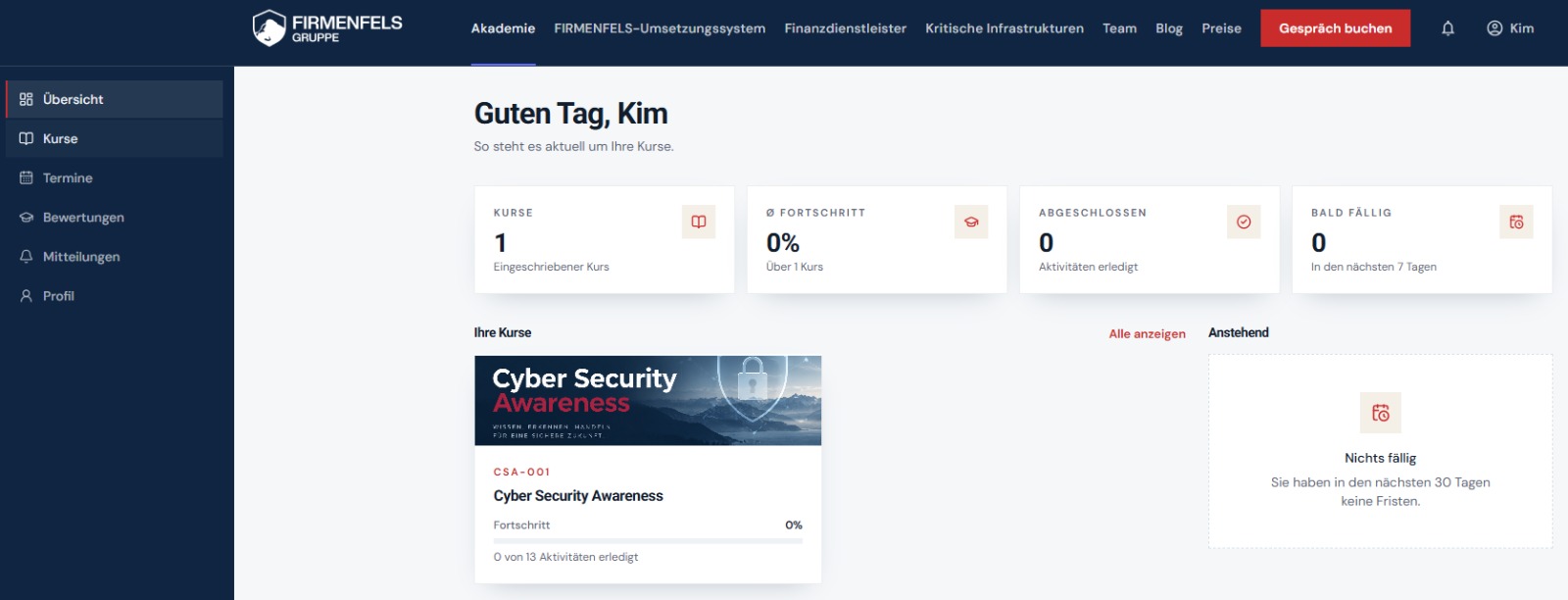 Firmenfels E-Learning – Kursübersicht in der Akademie